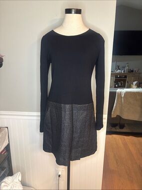 Black Long-Sleeve Knit Dress with Textured Skirt